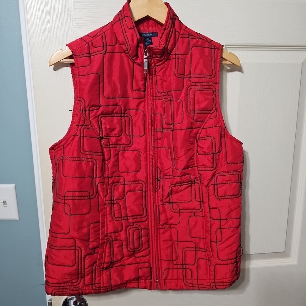 Westbound Full Zip Puffer‎ Vest Red Black Embroidery Geometric Squares Women's M